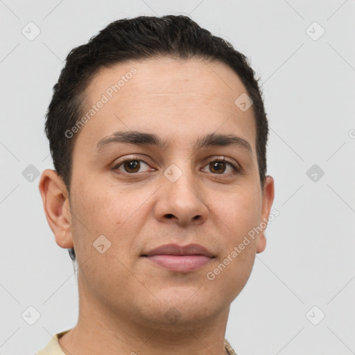 Joyful white young-adult male with short  brown hair and brown eyes