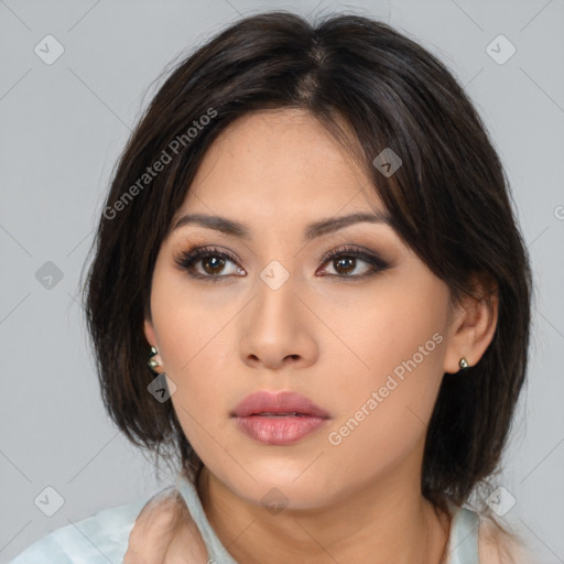 Neutral asian young-adult female with medium  brown hair and brown eyes