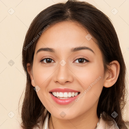 Joyful white young-adult female with long  brown hair and brown eyes