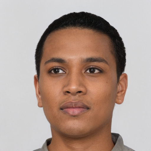 Neutral black young-adult male with short  black hair and brown eyes