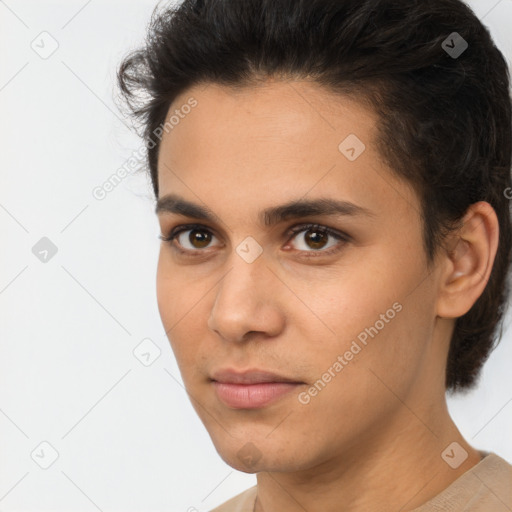 Neutral latino young-adult male with short  brown hair and brown eyes