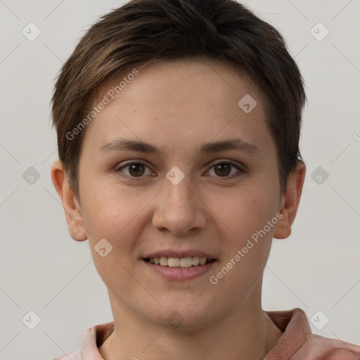 Joyful white young-adult female with short  brown hair and brown eyes