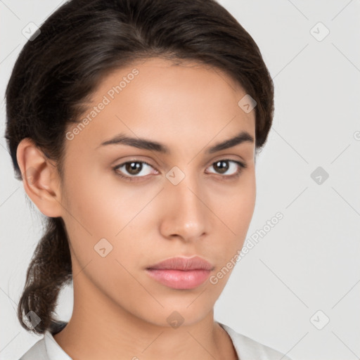 Neutral white young-adult female with medium  brown hair and brown eyes