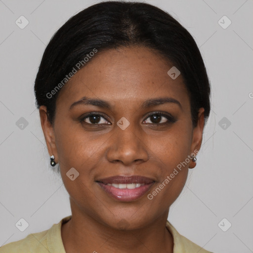 Joyful latino young-adult female with medium  brown hair and brown eyes