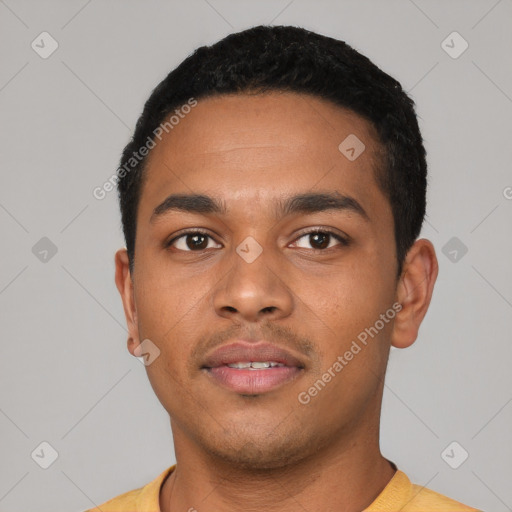 Neutral latino young-adult male with short  black hair and brown eyes