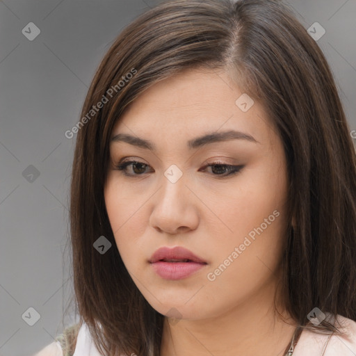 Neutral white young-adult female with medium  brown hair and brown eyes