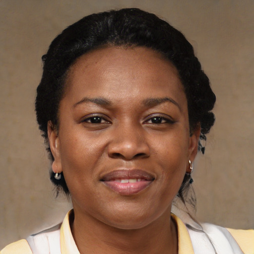 Joyful black adult female with short  black hair and brown eyes