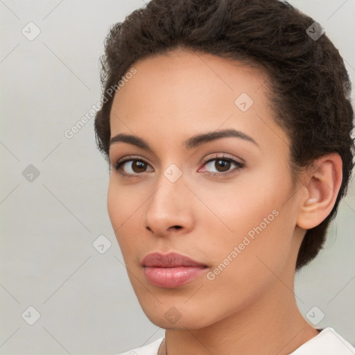 Neutral white young-adult female with short  brown hair and brown eyes