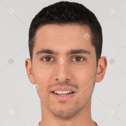 Joyful white young-adult male with short  black hair and brown eyes