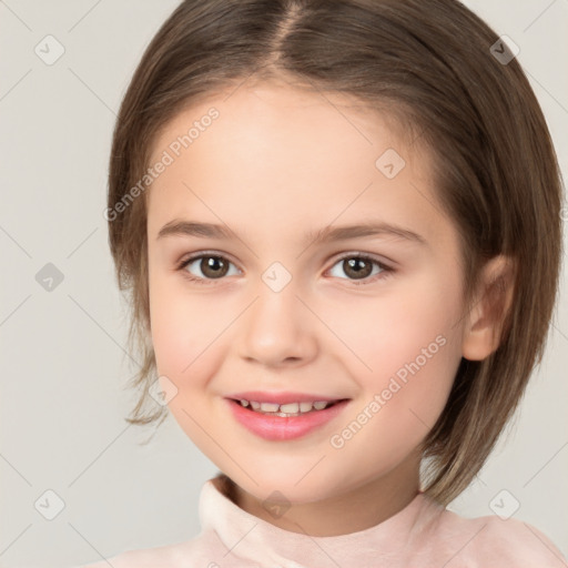 Joyful white child female with medium  brown hair and brown eyes