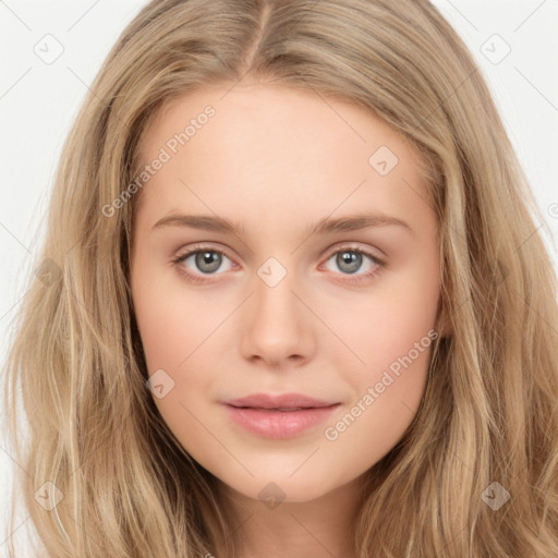 Neutral white young-adult female with long  brown hair and brown eyes