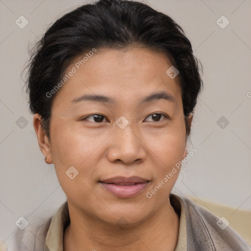 Joyful asian young-adult female with short  brown hair and brown eyes