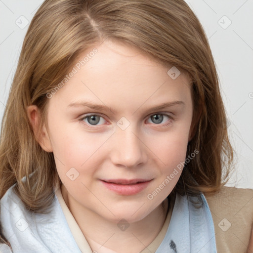 Joyful white child female with medium  brown hair and grey eyes