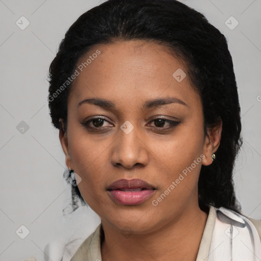 Neutral black young-adult female with medium  black hair and brown eyes