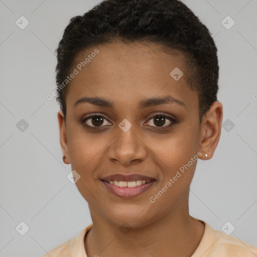 Joyful black young-adult female with short  brown hair and brown eyes