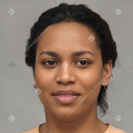 Joyful latino young-adult female with short  black hair and brown eyes