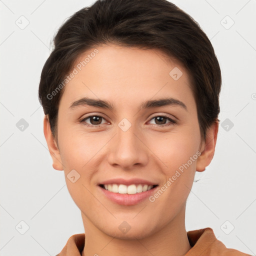 Joyful white young-adult female with short  brown hair and brown eyes