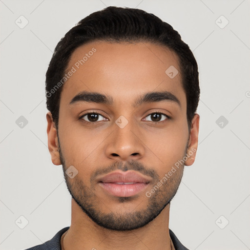 Neutral latino young-adult male with short  black hair and brown eyes