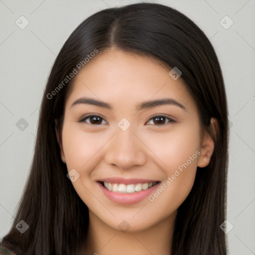 Joyful white young-adult female with long  brown hair and brown eyes