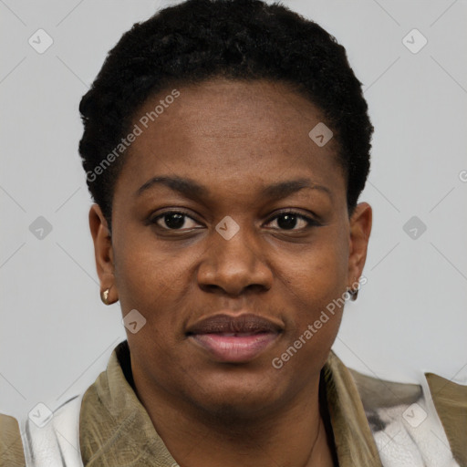 Joyful black young-adult female with short  black hair and brown eyes