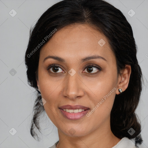 Joyful white young-adult female with medium  brown hair and brown eyes