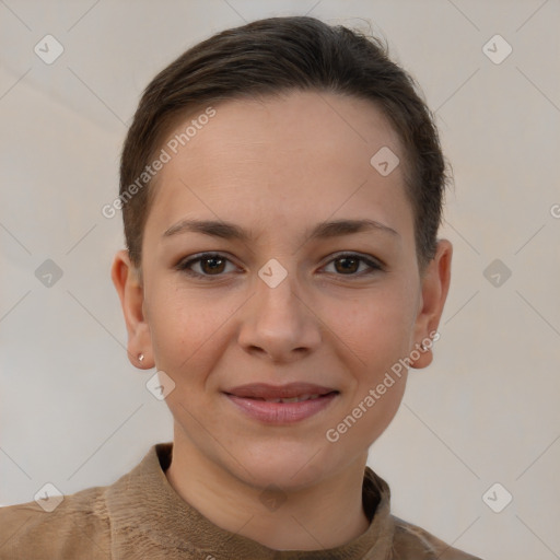 Joyful white young-adult female with short  brown hair and brown eyes