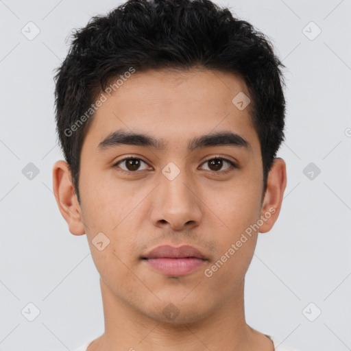 Neutral latino young-adult male with short  black hair and brown eyes