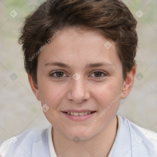 Joyful white child female with short  brown hair and brown eyes