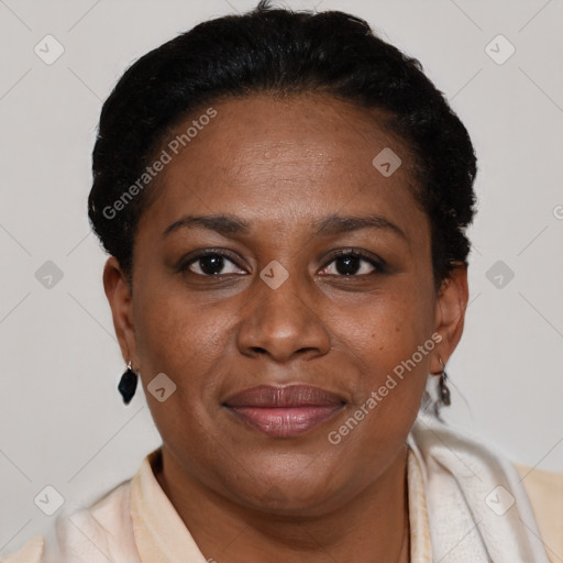 Joyful black adult female with short  brown hair and brown eyes