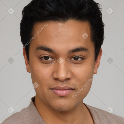 Neutral latino young-adult male with short  black hair and brown eyes