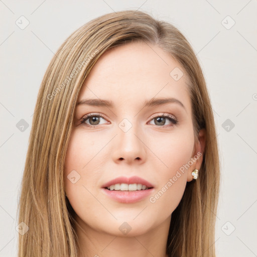 Neutral white young-adult female with long  brown hair and brown eyes