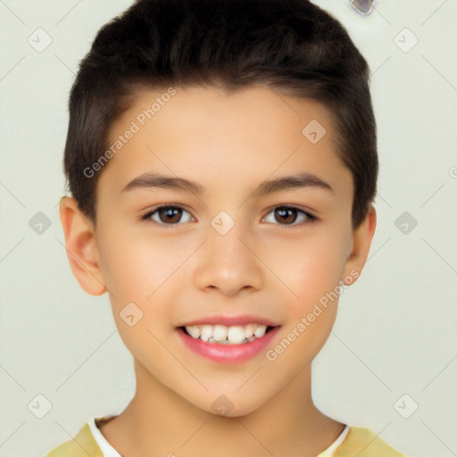 Joyful white child male with short  brown hair and brown eyes