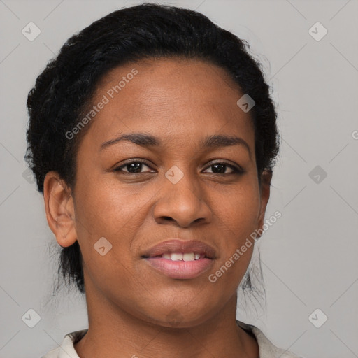 Joyful latino young-adult female with short  black hair and brown eyes