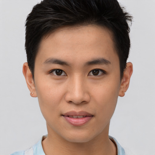 Joyful asian young-adult male with short  brown hair and brown eyes