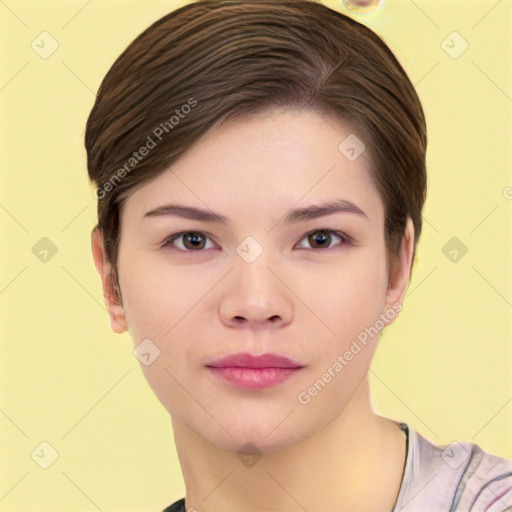 Neutral white young-adult female with short  brown hair and brown eyes