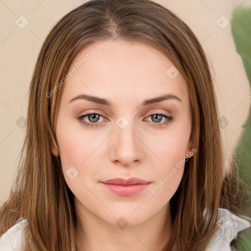 Neutral white young-adult female with long  brown hair and brown eyes