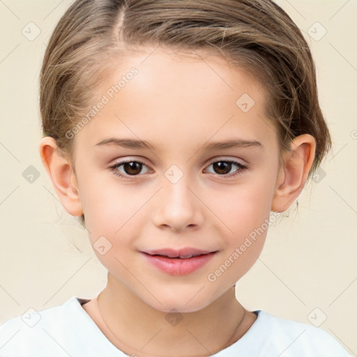 Joyful white child female with short  brown hair and brown eyes