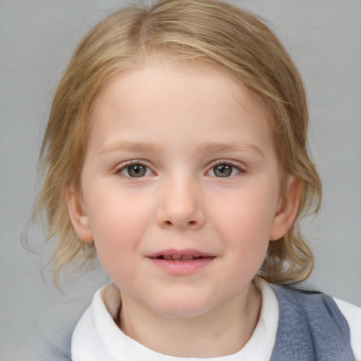 Neutral white child female with medium  brown hair and blue eyes