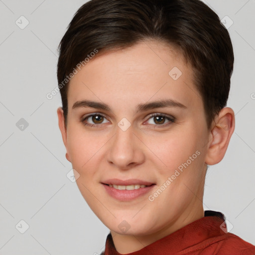 Joyful white young-adult female with short  brown hair and brown eyes