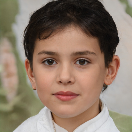 Joyful white child female with short  brown hair and brown eyes