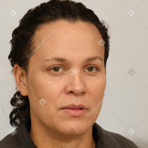 Neutral white adult female with short  brown hair and brown eyes