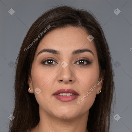 Joyful white young-adult female with long  brown hair and brown eyes