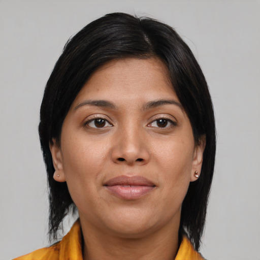 Joyful asian young-adult female with medium  black hair and brown eyes