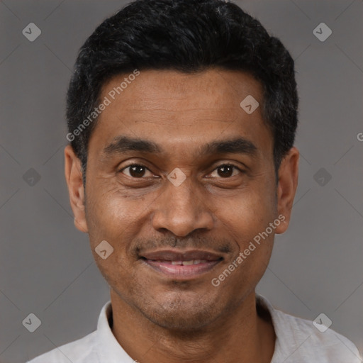 Joyful black adult male with short  black hair and brown eyes