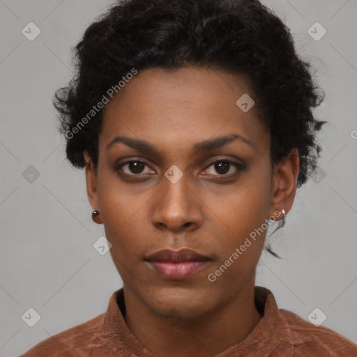 Neutral black young-adult female with short  black hair and brown eyes