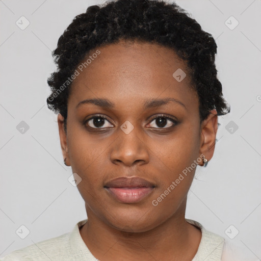 Neutral black young-adult female with short  black hair and brown eyes