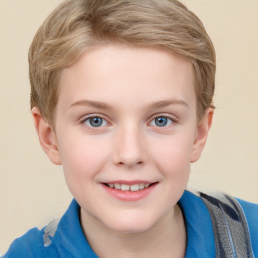 Joyful white child female with short  brown hair and grey eyes