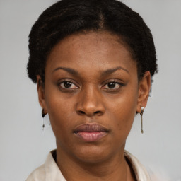 Neutral black young-adult female with short  brown hair and brown eyes