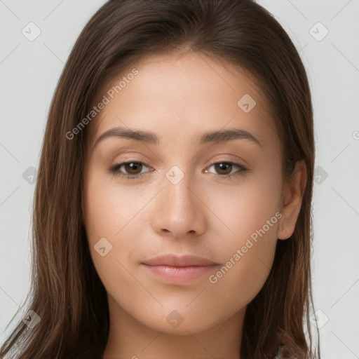 Neutral white young-adult female with long  brown hair and brown eyes