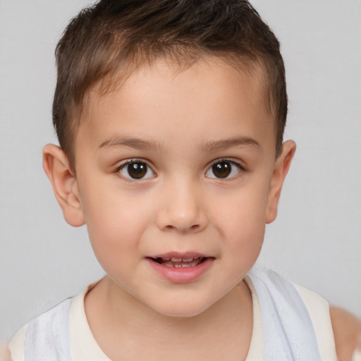 Joyful white child female with short  brown hair and brown eyes